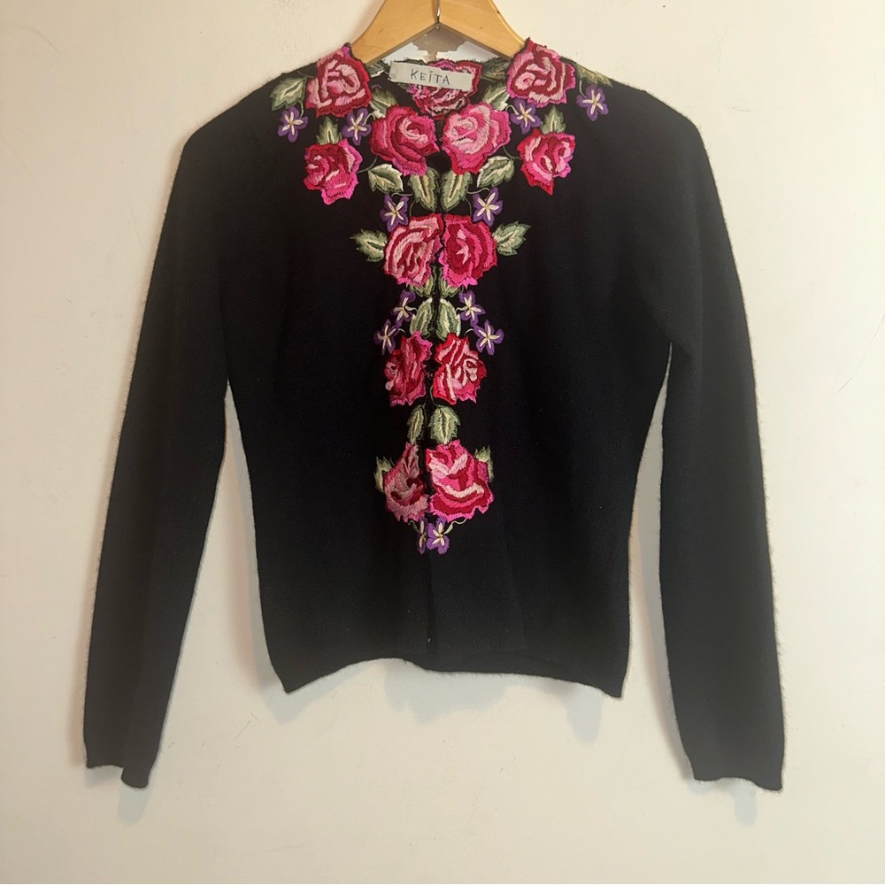 Vintage Keita Maruyama Wool Blend Rose Embroidered Cardigan Black Made In Japan